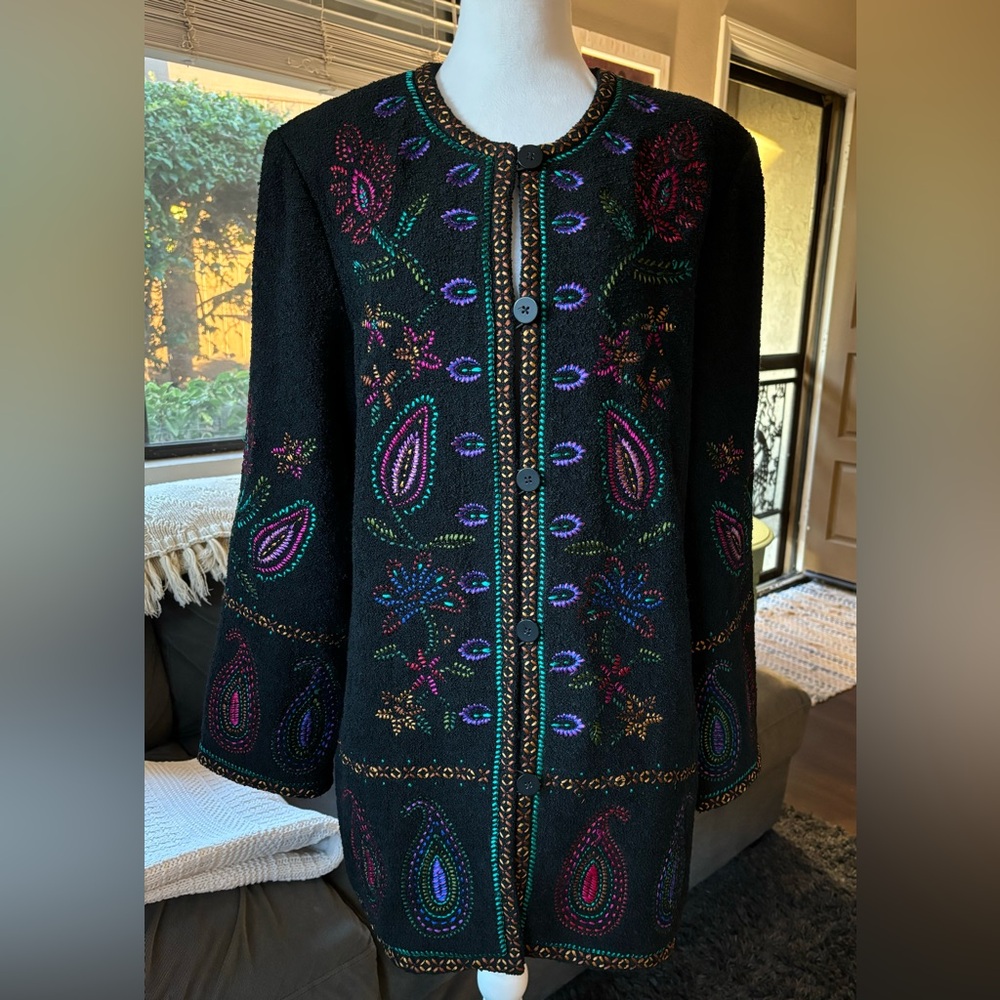 Linea Louis Dell Olio Boho Boucle Wool Embroidered Coat Size Large